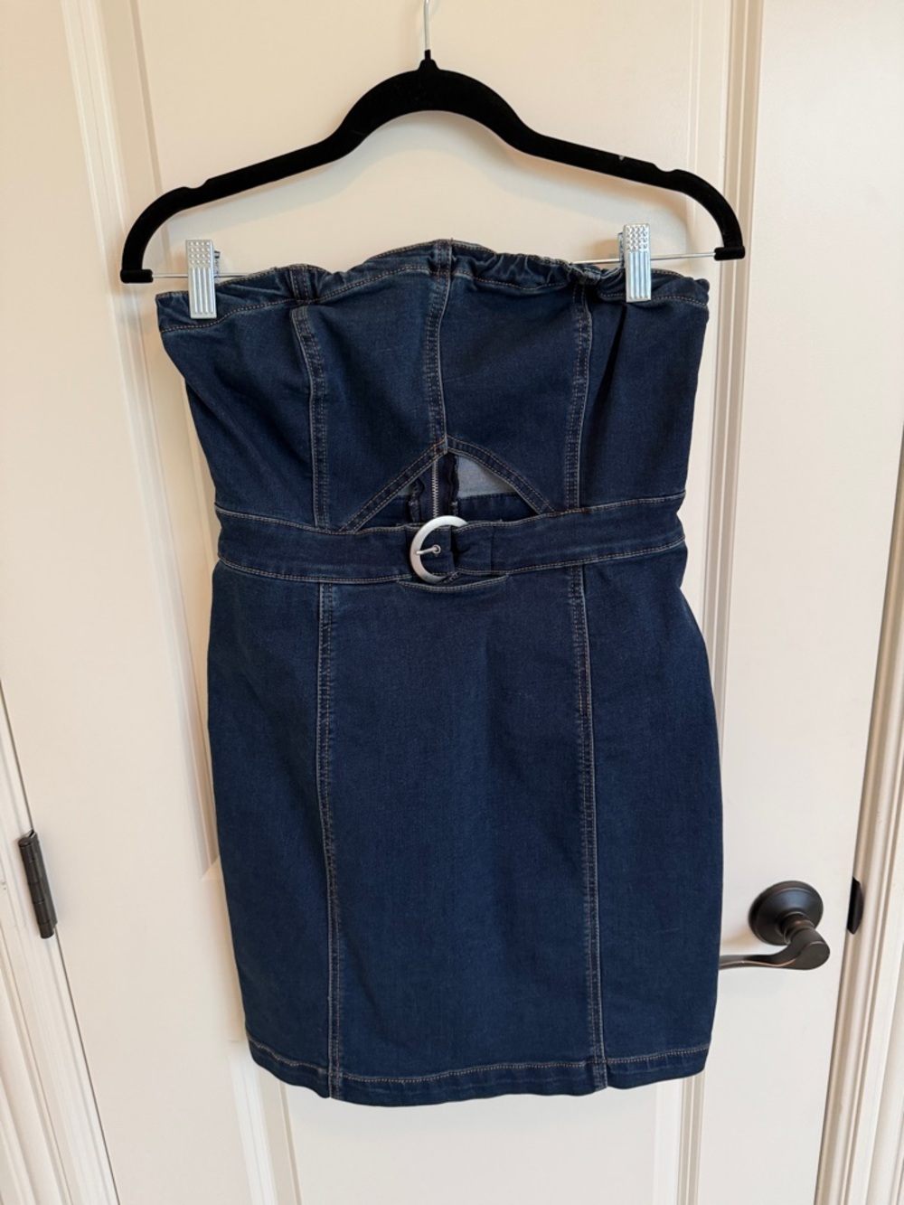 free people Strapless Dark Blue Denim Mini Dress with Belted Waist